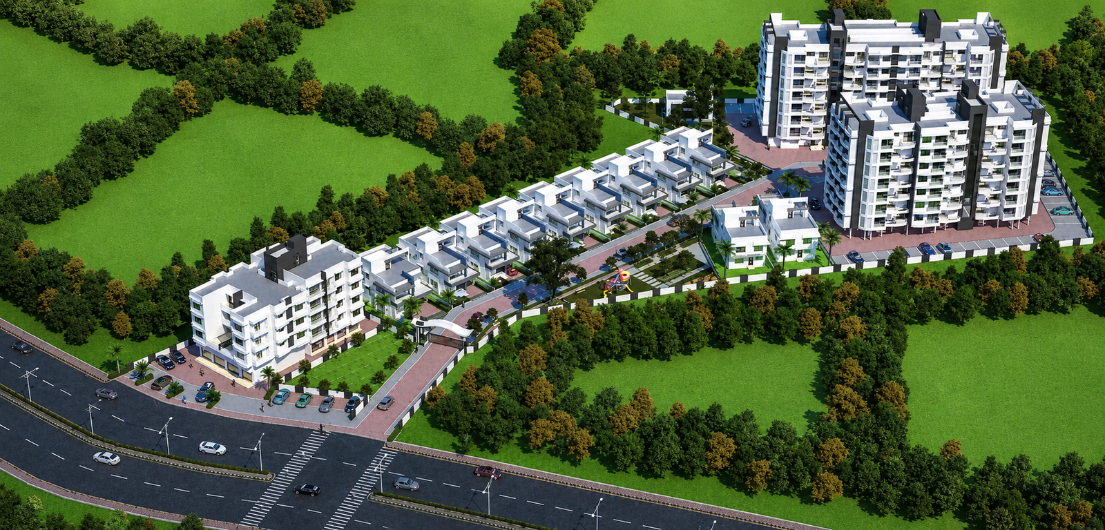Bird’s-eye architectural rendering of Palm Springs homes in a green landscape